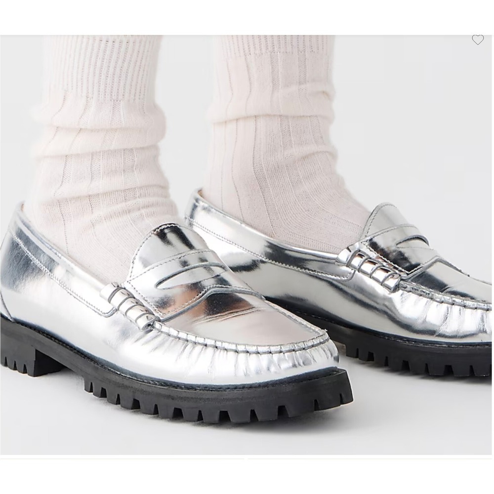 J Crew Winona lug-sole penny loafers in Metallic Silver Leather Sz 8 New in Box